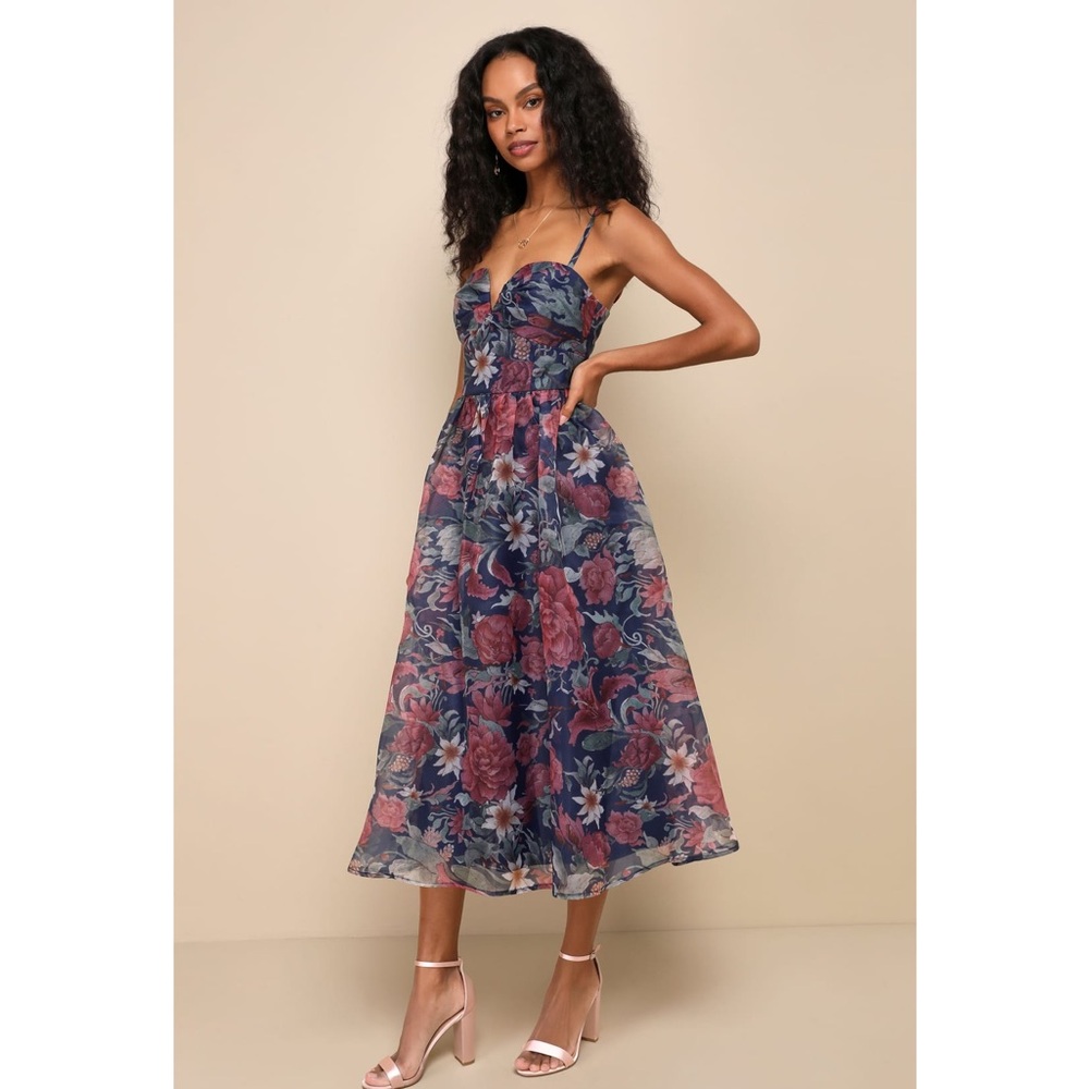 Lulu's NWT Navy Floral Midi Dress-large - Picture 3 of 14